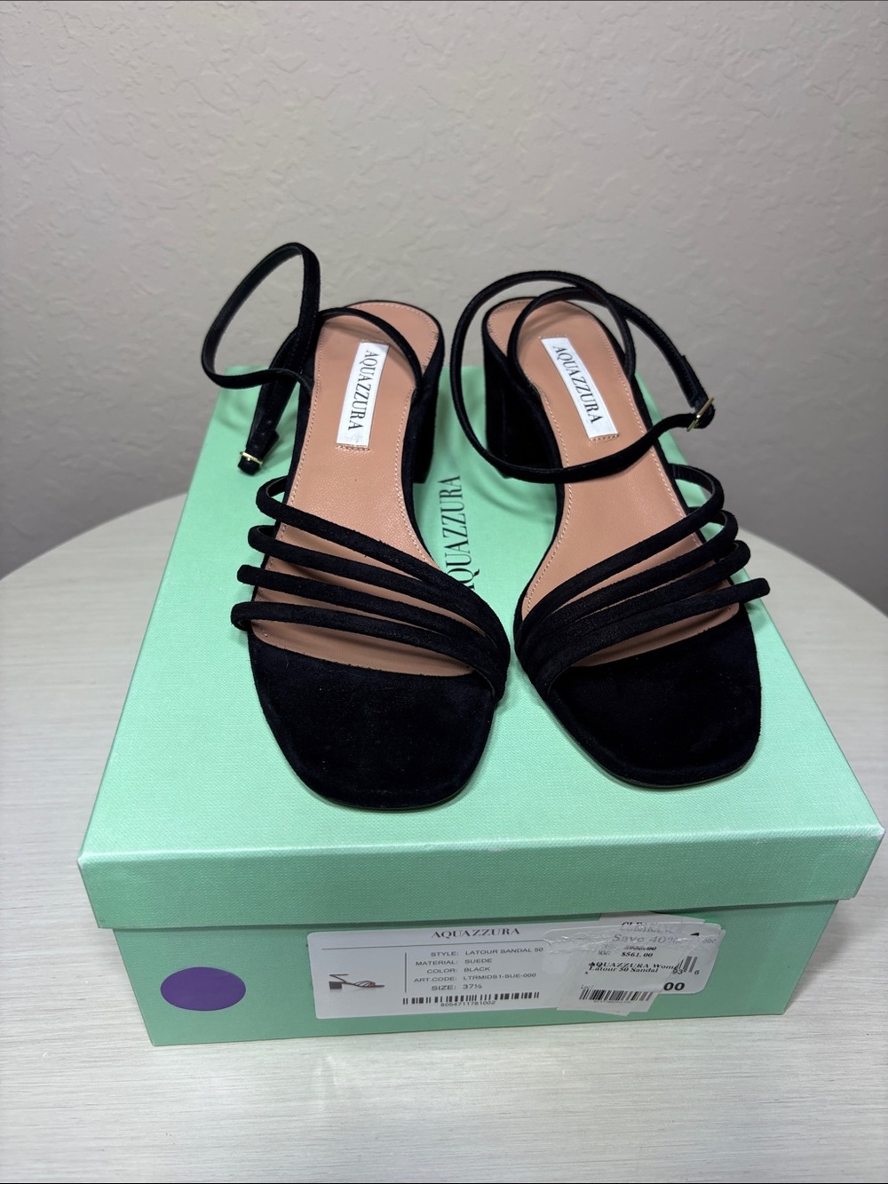 Aquazzura Latour 50 Black
Suede Strappy Block Heel Sandals
- Size 37.5 NIB - Picture 4 of 10